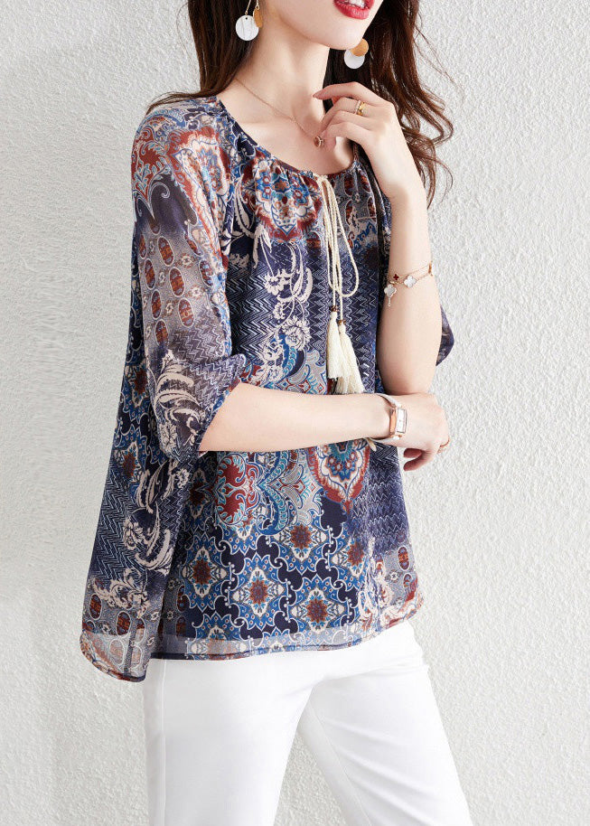 Italian O-Neck Print Neck Tie Chiffon Shirt Short Sleeve