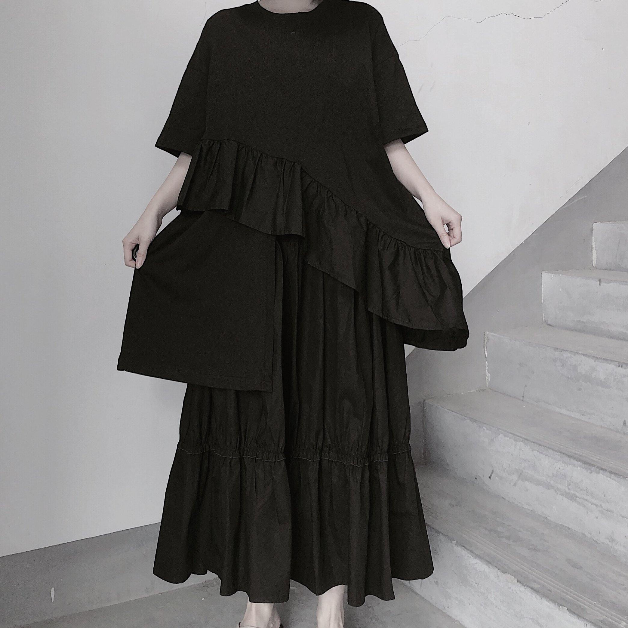 Italian O Neck Ruffles Asymmetric Tunic Top Fashion Ideas Black Blouses - Omychic
