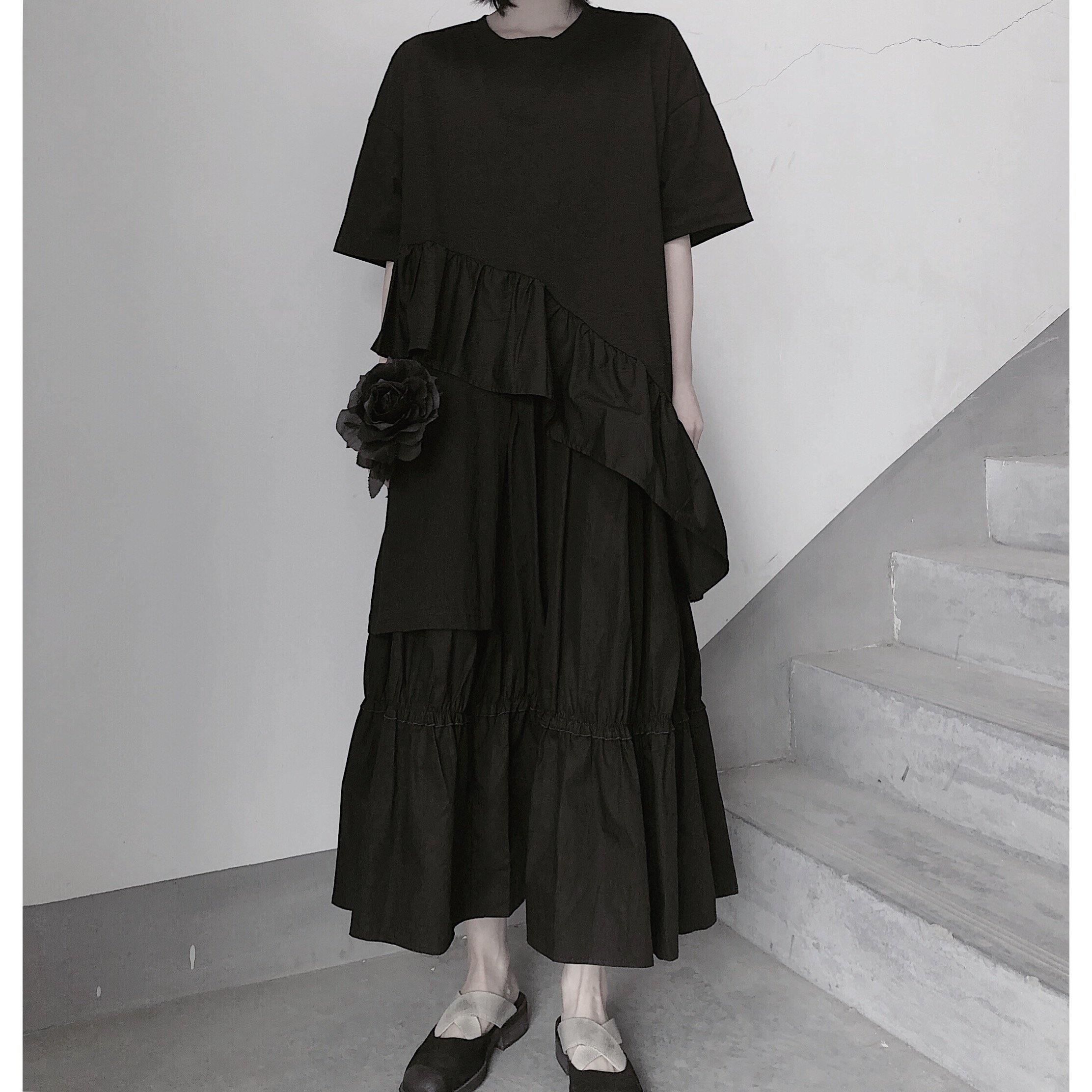 Italian O Neck Ruffles Asymmetric Tunic Top Fashion Ideas Black Blouses - Omychic