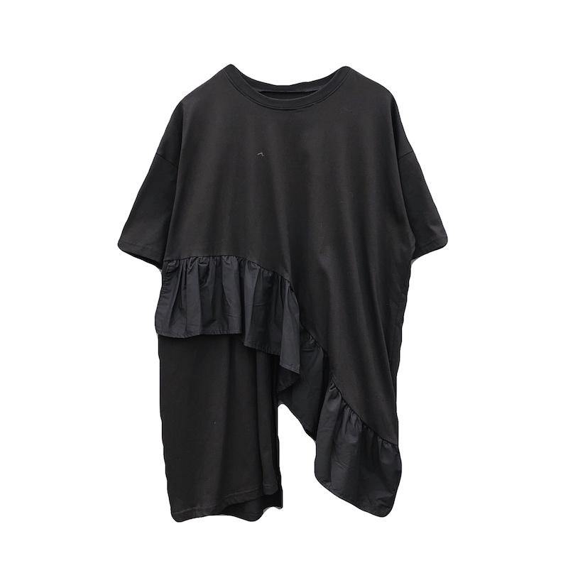 Italian O Neck Ruffles Asymmetric Tunic Top Fashion Ideas Black Blouses - Omychic