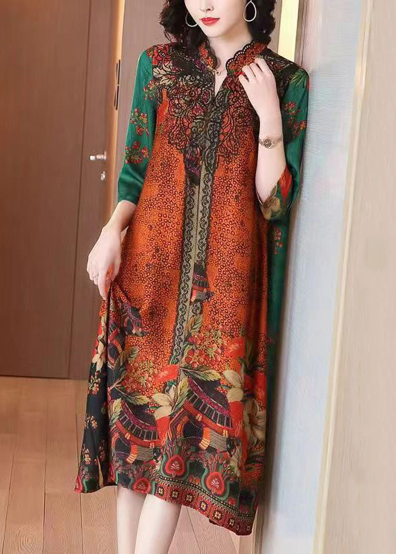 Italian Orange Stand Collar Print Patchwork Silk Long Dress Half Sleeve