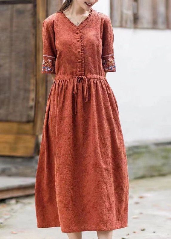 Italian Orange V Neck Tie Waist Embroideried Cotton Dresses Short Sleeve