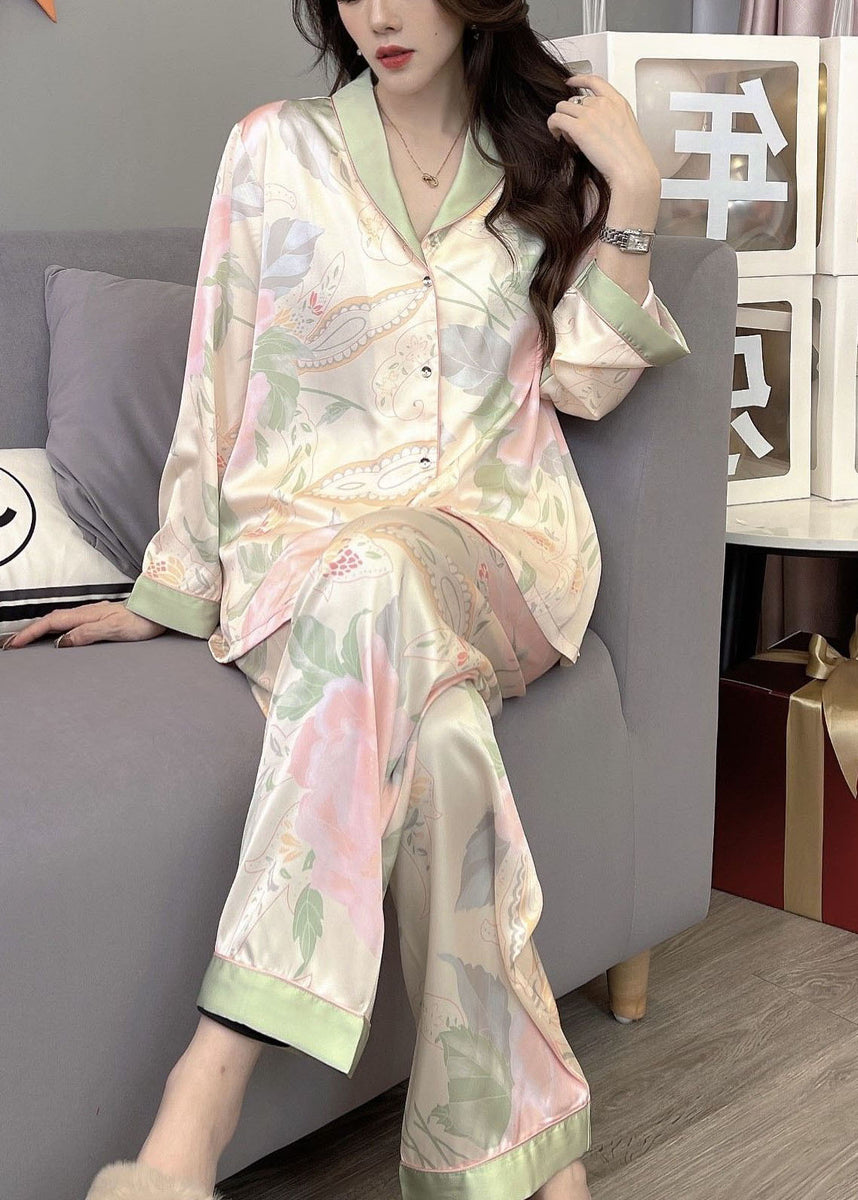 Italian Oversized Patchwork Print Ice Silk Pajamas Two Pieces Set Spri ...