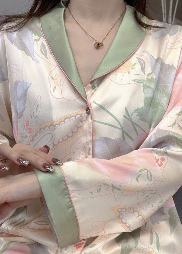 Italian Oversized Patchwork Print Ice Silk Pajamas Two Pieces Set Spring