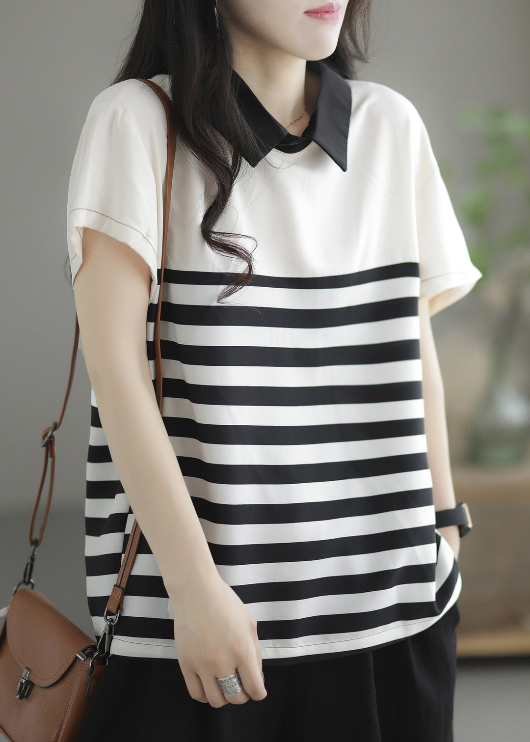 Italian Peter Pan Collar Striped Patchwork Button Chiffon Top Short Sleeve