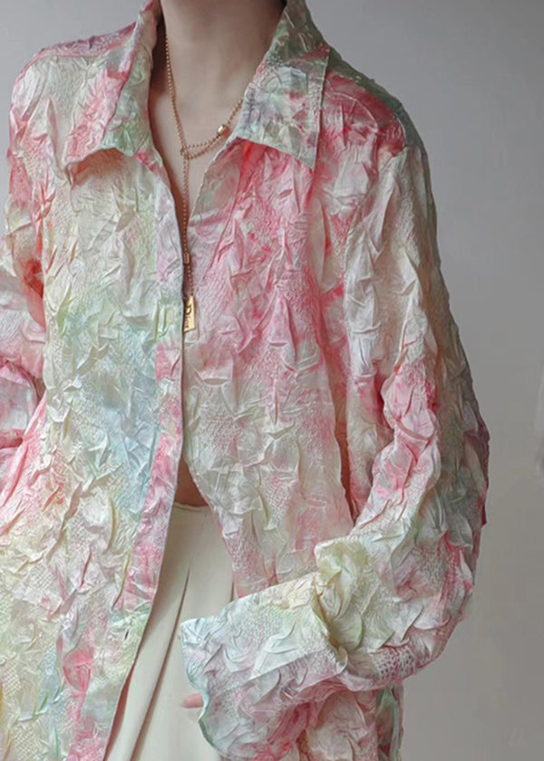Italian Peter Pan Collar Tie Dye Wrinkled Silk Shirt Top Fall