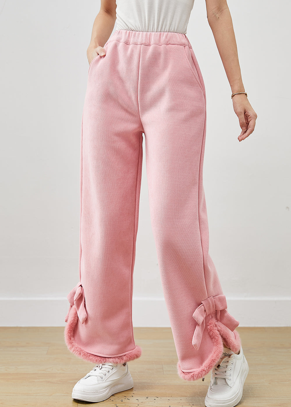 Italian Pink Bow Warm Fleece Straight Pants Winter