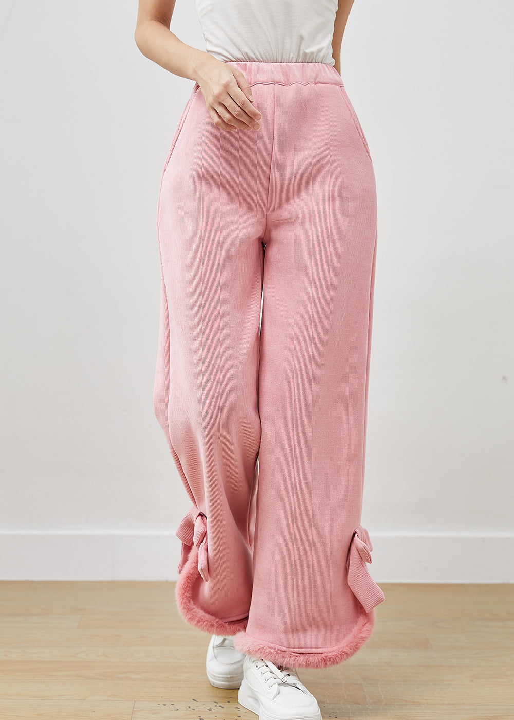 Italian Pink Bow Warm Fleece Straight Pants Winter