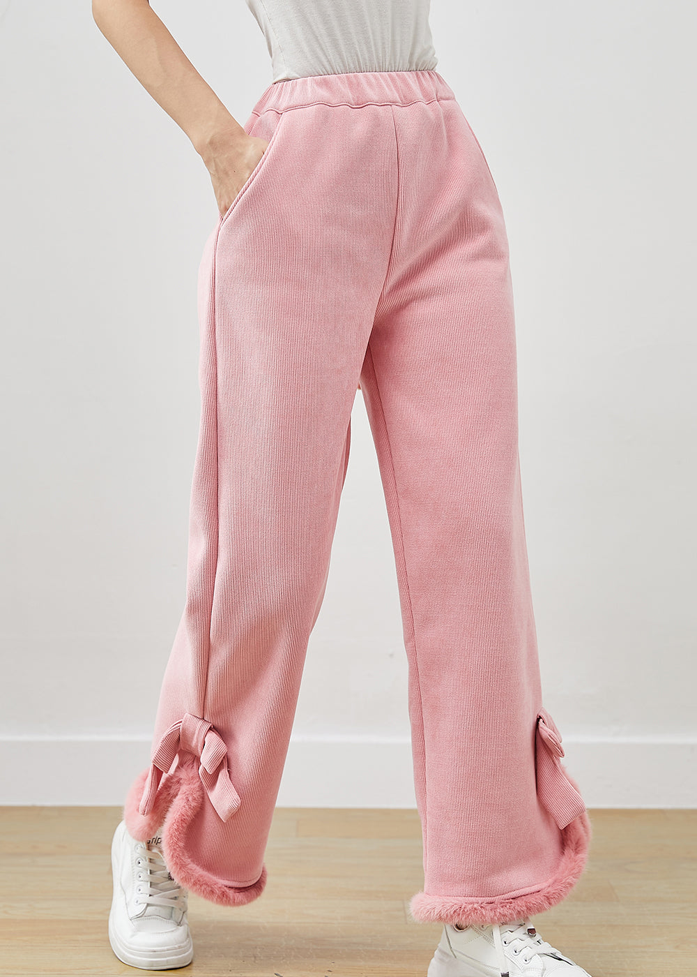 Italian Pink Bow Warm Fleece Straight Pants Winter