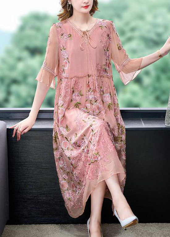 Italian Pink Embroideried Patchwork Silk Mid Dresses Summer