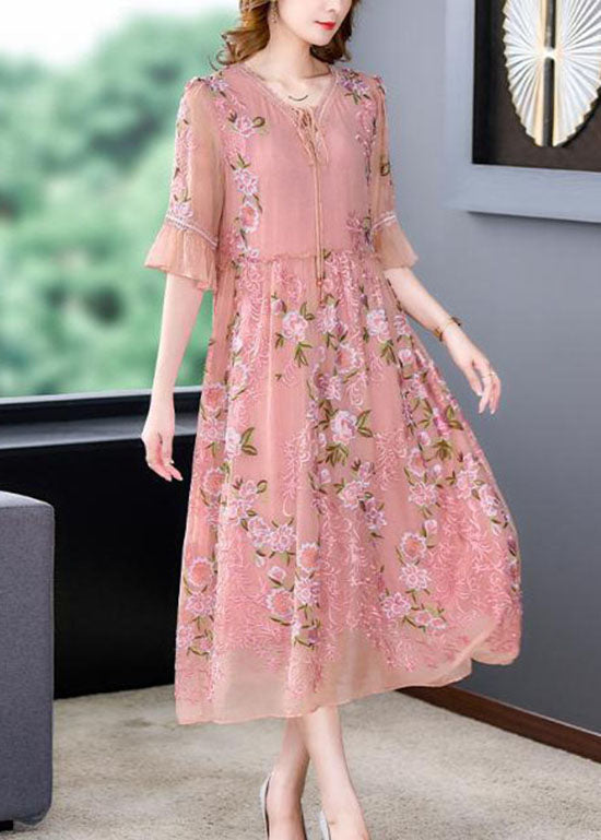 Italian Pink Embroideried Patchwork Silk Mid Dresses Summer