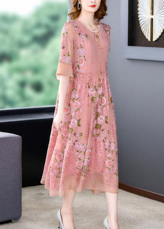 Italian Pink Embroideried Patchwork Silk Mid Dresses Summer