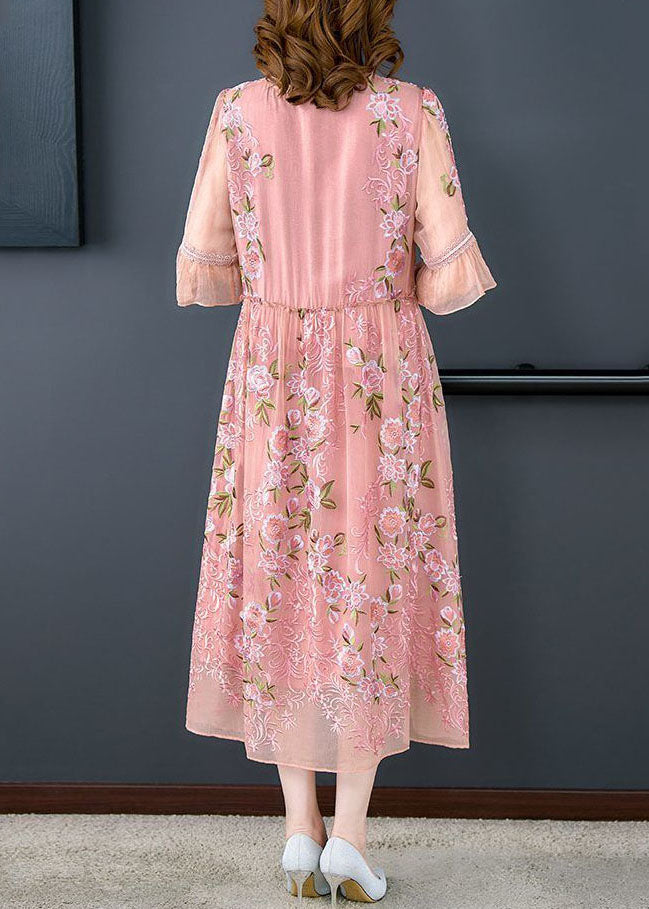 Italian Pink Embroideried Patchwork Silk Mid Dresses Summer