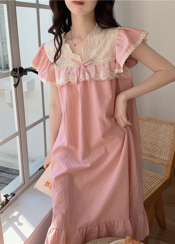 Italian Pink Lace Patchwork Ruffled Plaid Print Cotton Dress Summer