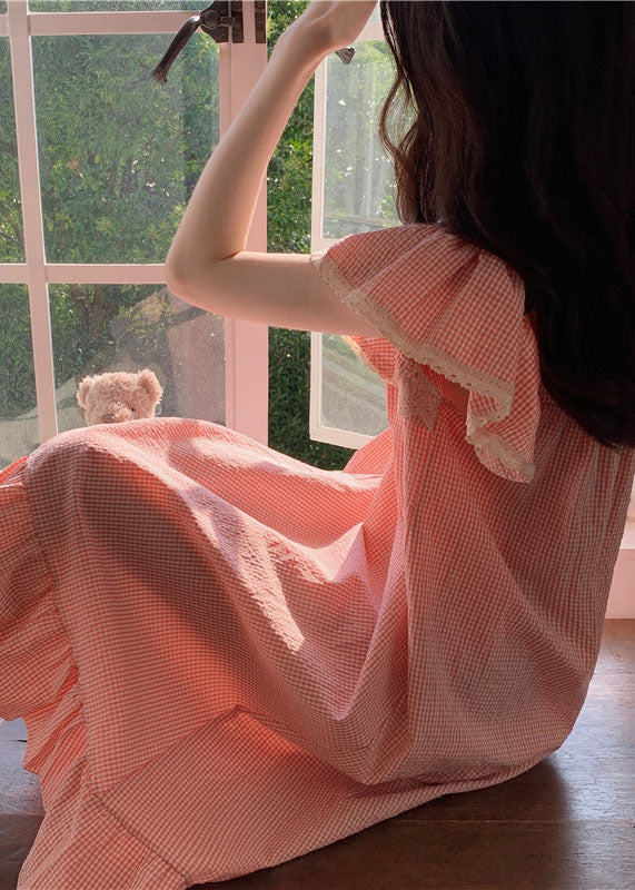 Italian Pink Lace Patchwork Ruffled Plaid Print Cotton Dress Summer