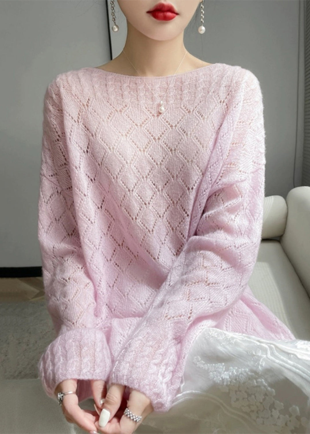 Italian Pink O Neck Hollow Out Cozy Knit Sweaters Spring