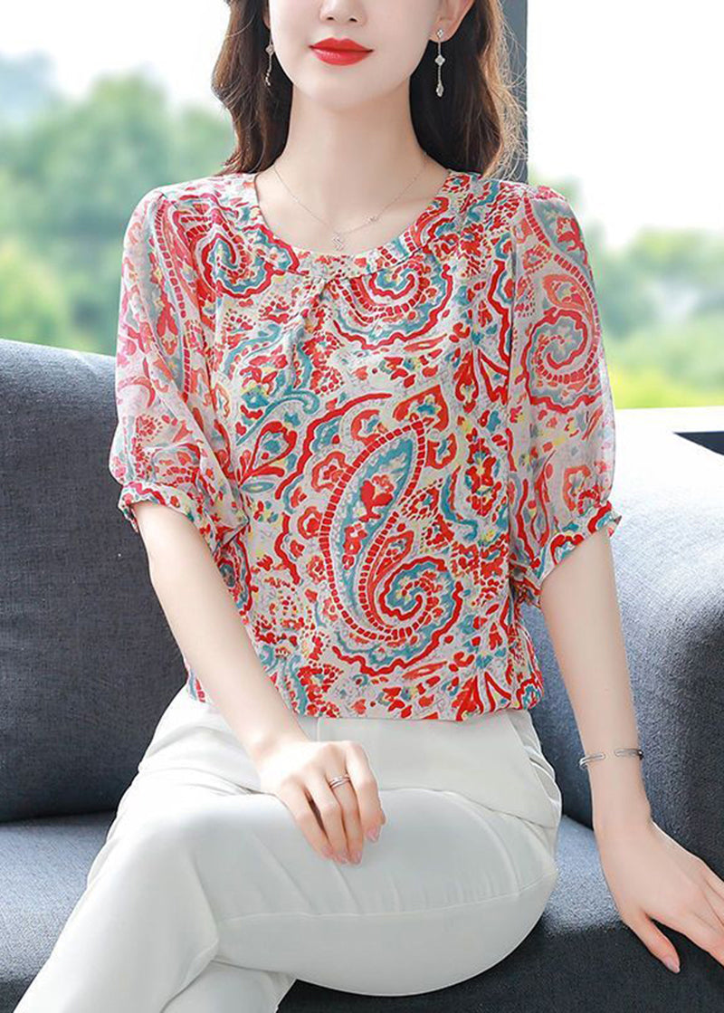 Italian Pink O-Neck Print Draping Chiffon Tops Summer