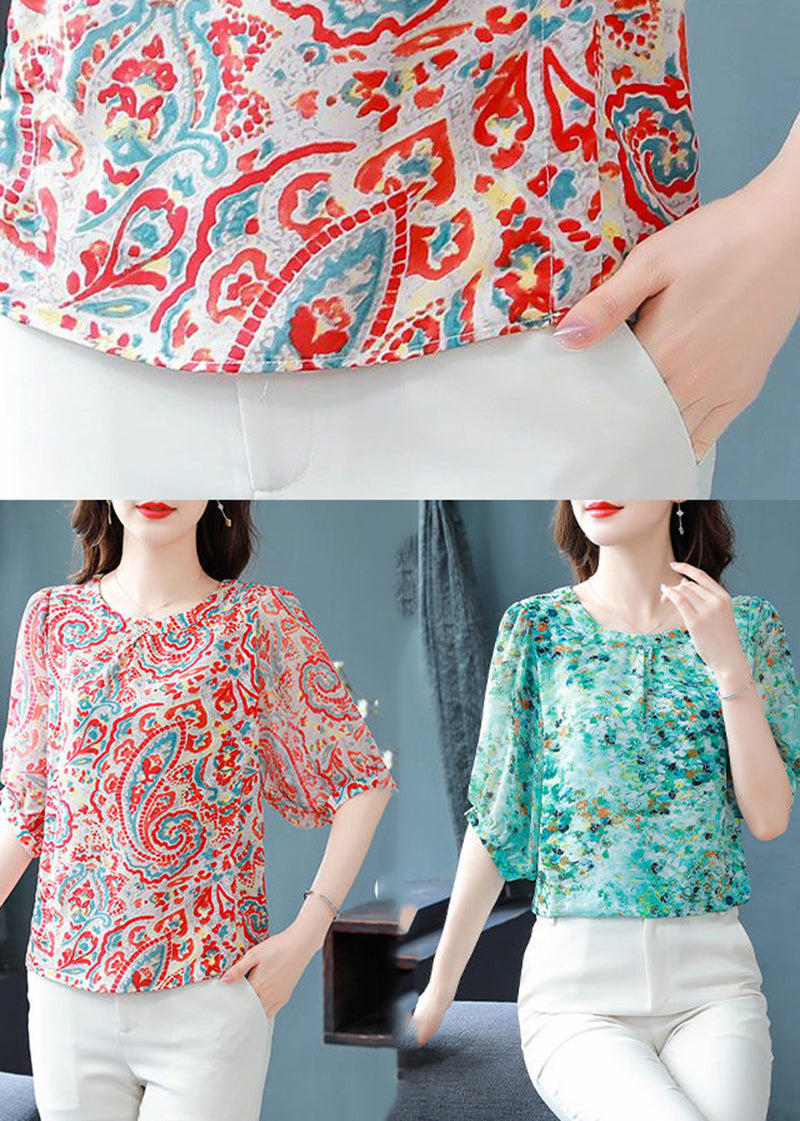 Italian Pink O-Neck Print Draping Chiffon Tops Summer