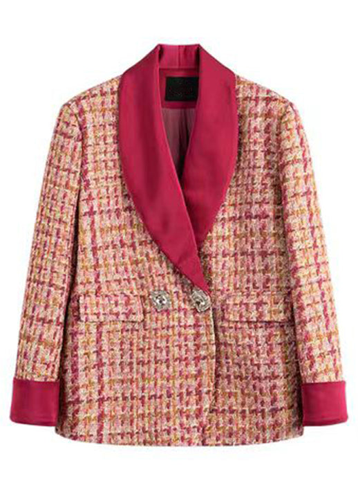 Italian Pink Plaid Button Patchwork Cotton Coats Spring