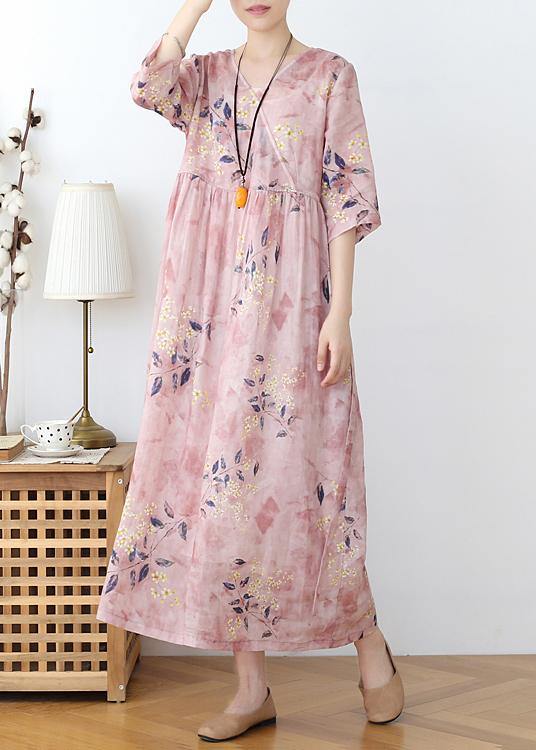 Italian Pink Print Cotton Orientaltie waist Spring Dress - Omychic