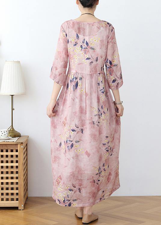 Italian Pink Print Cotton Orientaltie waist Spring Dress - Omychic