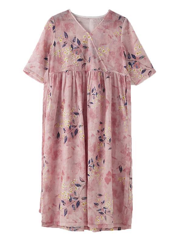 Italian Pink Print Cotton Orientaltie waist Spring Dress - Omychic