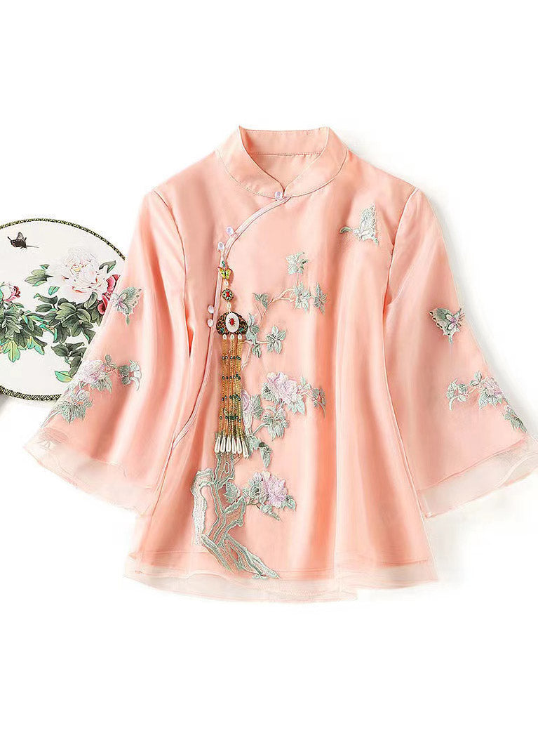 Italian Pink Stand Collar Embroideried Floral Button Silk Tops Spring