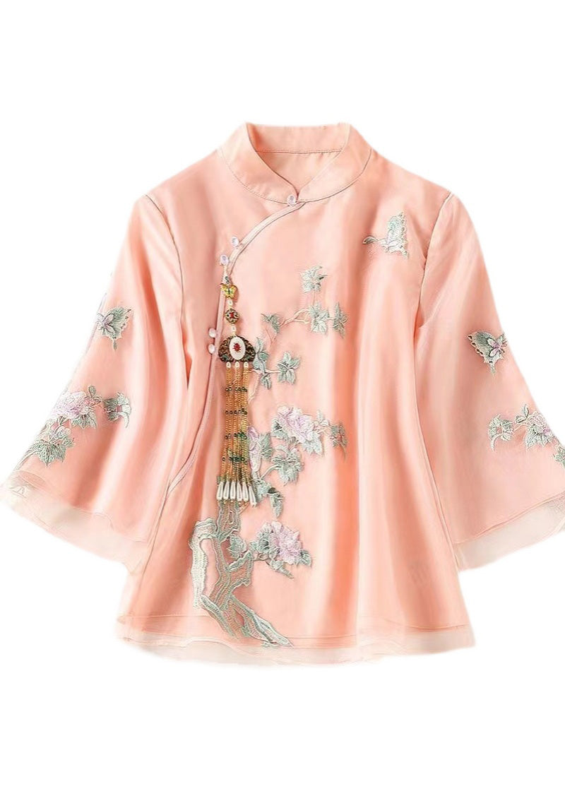 Italian Pink Stand Collar Embroideried Floral Button Silk Tops Spring