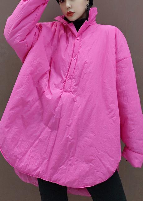 Italian Pink Tunic Top Stand Collar Low High Design Plus Size Clothing Spring Blouse - Omychic