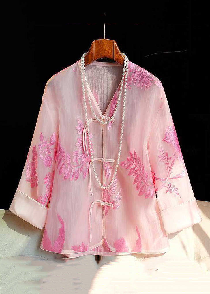 Italian Pink V Neck Embroidered Button Tulle Shirt Spring