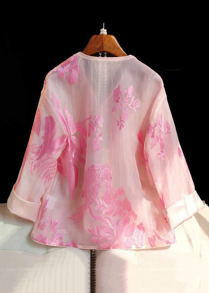Italian Pink V Neck Embroidered Button Tulle Shirt Spring
