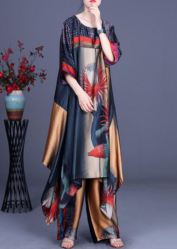 Italian Print Silk asymmetrical design Wide Leg Two Pieces Set - Omychic