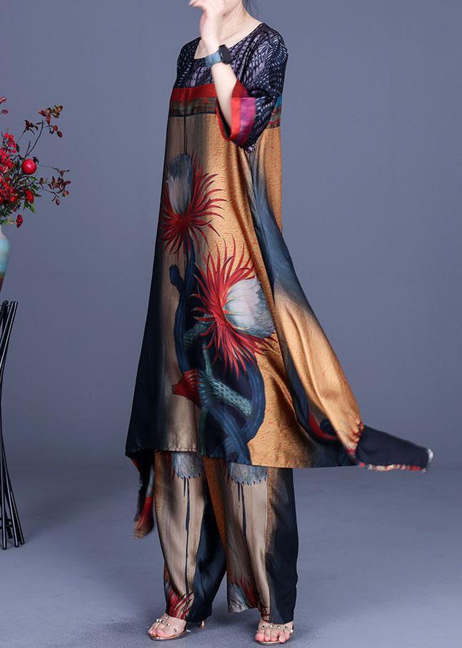 Italian Print Silk asymmetrical design Wide Leg Two Pieces Set - Omychic