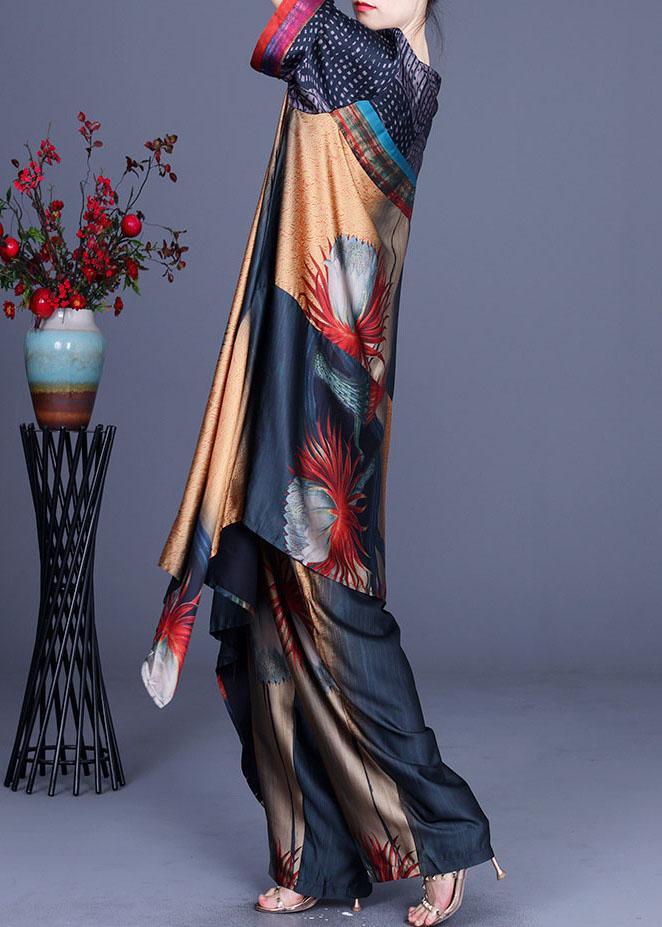 Italian Print Silk asymmetrical design Wide Leg Two Pieces Set - Omychic