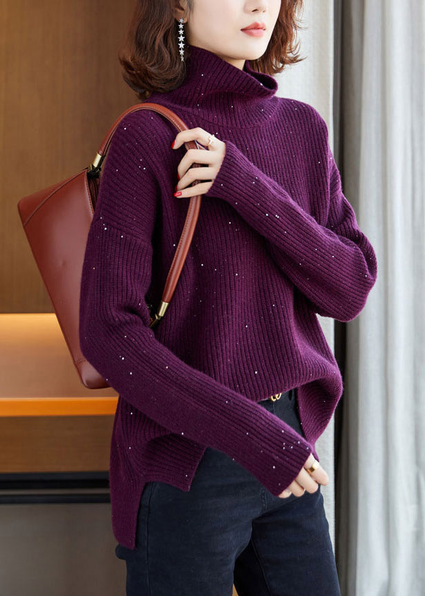 Italian Purple Hign Neck Sequins Knit Pullover Sweaters Winter