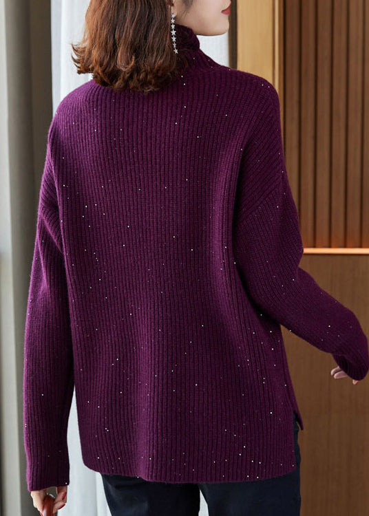 Italian Purple Hign Neck Sequins Knit Pullover Sweaters Winter