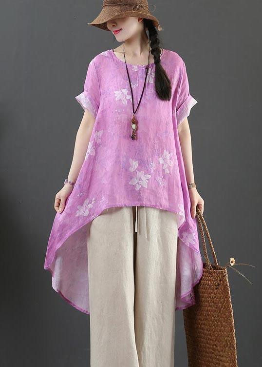 Italian Purple Print Linen Button Summer Shirt Top - Omychic