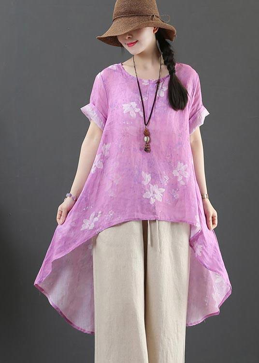 Italian Purple Print Linen Button Summer Shirt Top - Omychic