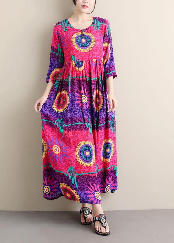 Italian Purple Print Tunics O Neck Cinched Maxi Summer Dress - Omychic