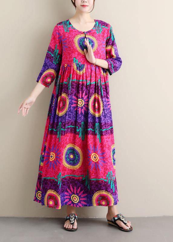 Italian Purple Print Tunics O Neck Cinched Maxi Summer Dress - Omychic