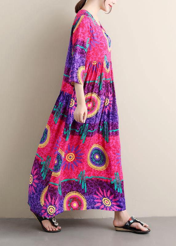 Italian Purple Print Tunics O Neck Cinched Maxi Summer Dress - Omychic