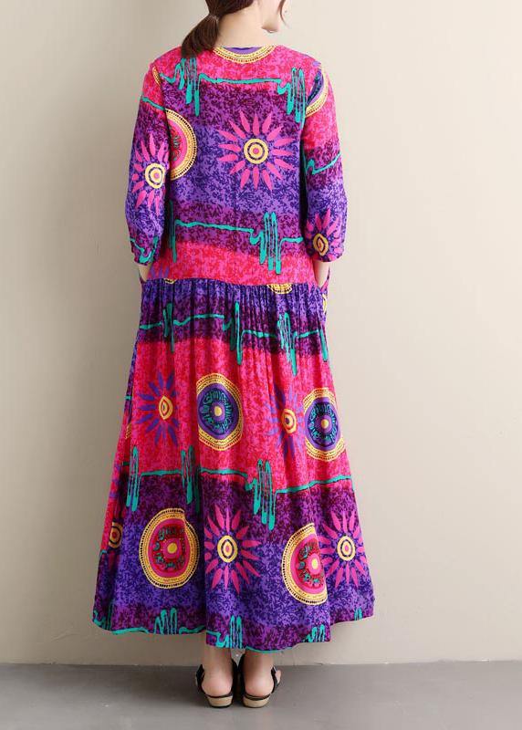 Italian Purple Print Tunics O Neck Cinched Maxi Summer Dress - Omychic