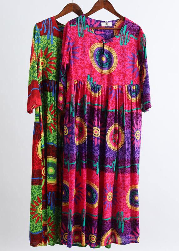 Italian Purple Print Tunics O Neck Cinched Maxi Summer Dress - Omychic