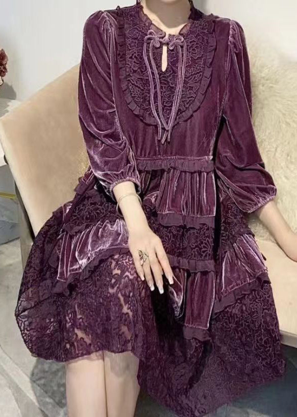 Italian Purple Ruffled Embroideried Patchwork Velour Dresses Fall