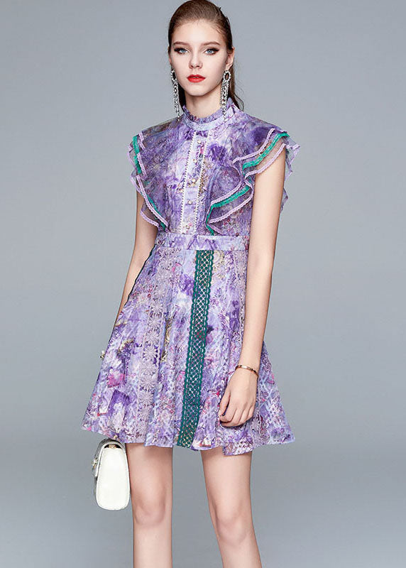 Italian Purple Ruffled Hollow Out Patchwork Lace Mid Dress Summer