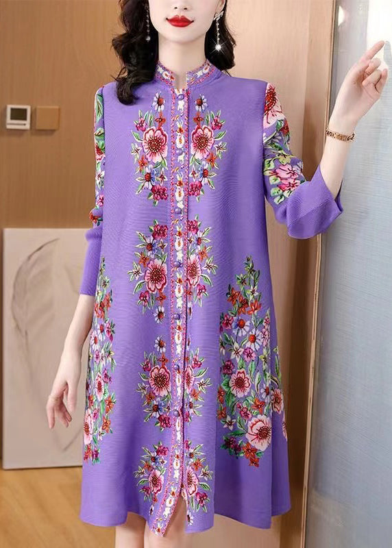Italian Purple Stand Collar Print Wrinkled Cotton Mid Dress Spring