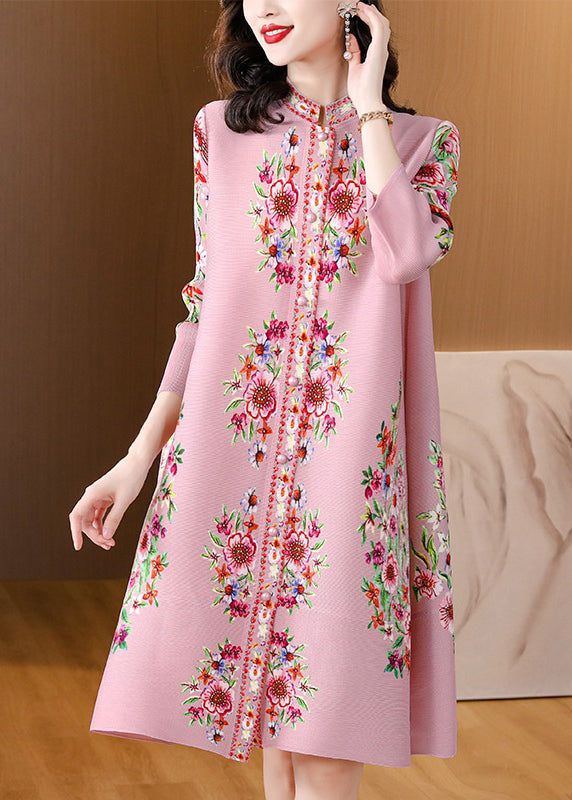Italian Purple Stand Collar Print Wrinkled Cotton Mid Dress Spring