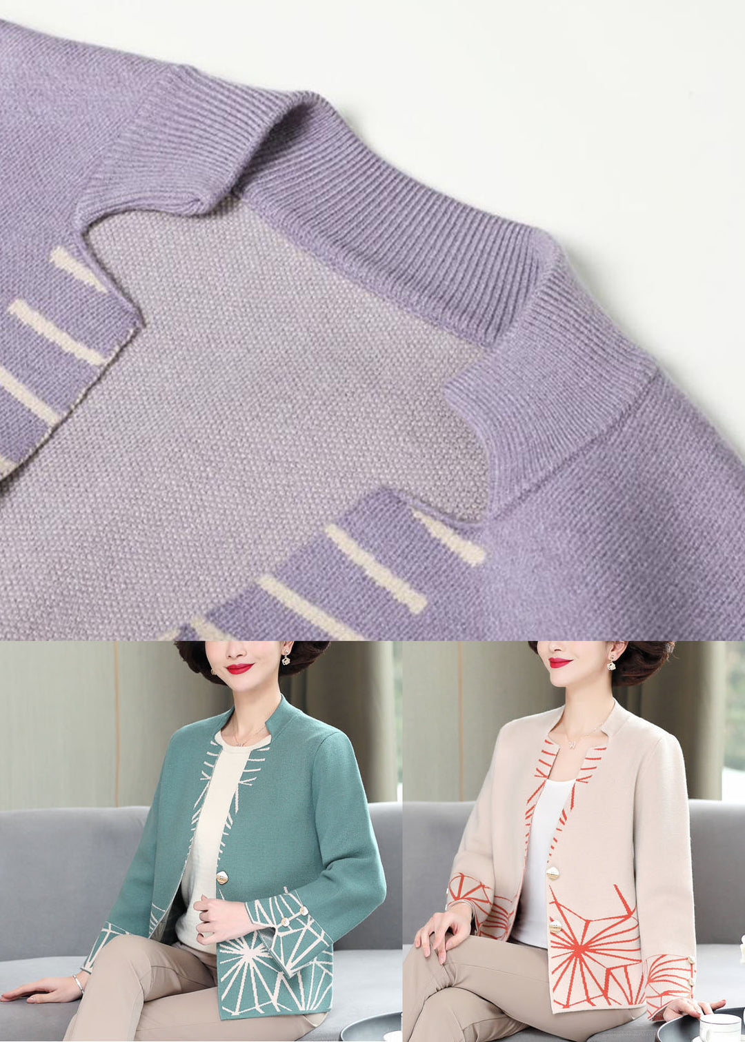 Italian Purple V Neck Print Knit Loose Cardigan Long Sleeve