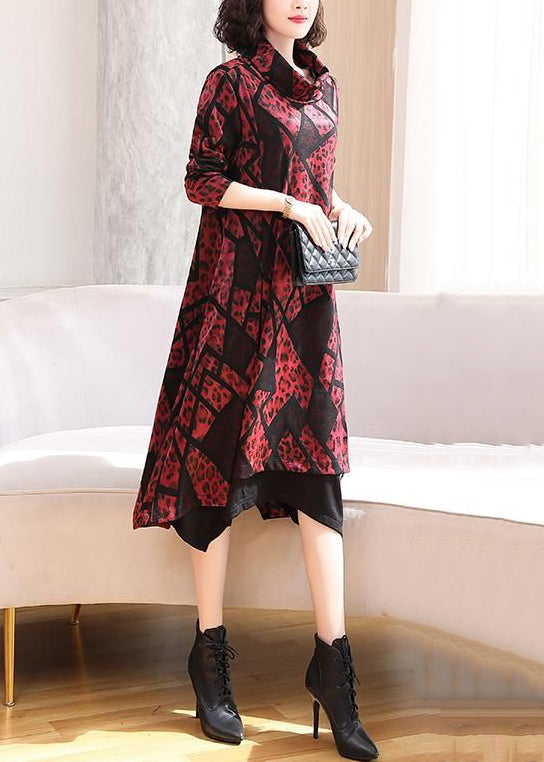 Italian Red Asymmetrical Print Patchwork Cotton Dresses Spring