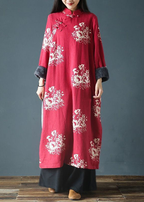 Italian Red Button Print Patchwork Fleece Long Dress Spring